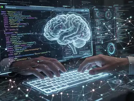 Leuchtendes digitales Interface mit Website-Code und KI-Mustern, Hände interagieren mit holografischer Tastatur, symbolisiert KI-Webseitenerstellung. - Foto: über boerse-global.de