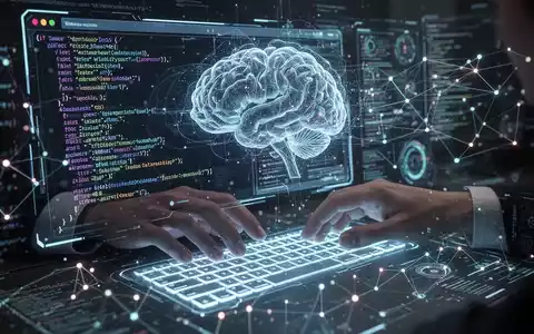 Leuchtendes digitales Interface mit Website-Code und KI-Mustern, Hände interagieren mit holografischer Tastatur, symbolisiert KI-Webseitenerstellung. - Foto: über boerse-global.de