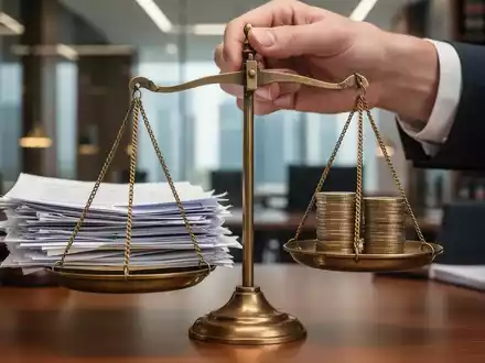 Eine Hand hält eine Waage, auf der sich Dokumente und Münzen befinden, vor einem unscharfen Hintergrund. - Foto: über boerse-global.de