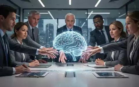 Eine Gruppe von Fachleuten diskutiert um einen Tisch mit einem leuchtenden KI-Hologramm, das Mitbestimmung und Technologie am Arbeitsplatz symbolisiert. - Foto: über boerse-global.de