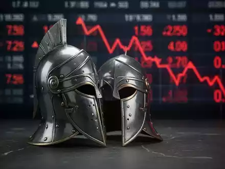 Ein dramatisches Bild eines silbernen Gladiatorenhelms vor einem unscharfen Börsenticker mit roten, fallenden Zahlen. - Foto: über boerse-global.de