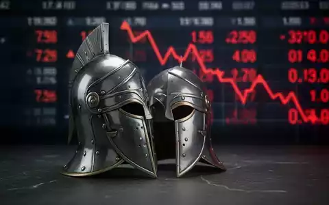 Ein dramatisches Bild eines silbernen Gladiatorenhelms vor einem unscharfen Börsenticker mit roten, fallenden Zahlen. - Foto: über boerse-global.de
