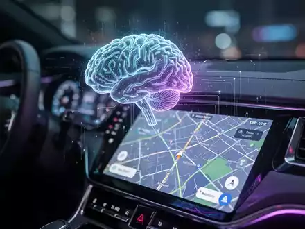 Stilisiertes KI-Gehirn-Symbol auf futuristischem Auto-Dashboard mit Navigations-App, symbolisiert KI-Integration in Waze. - Foto: über boerse-global.de