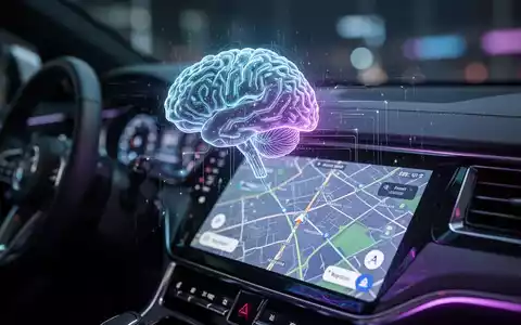 Stilisiertes KI-Gehirn-Symbol auf futuristischem Auto-Dashboard mit Navigations-App, symbolisiert KI-Integration in Waze. - Foto: über boerse-global.de
