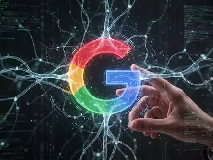 Stilisiertes 'G' von Google, umgeben von leuchtenden KI-Netzwerklinien auf futuristischem Interface, eine Hand greift danach. - Foto: über boerse-global.de