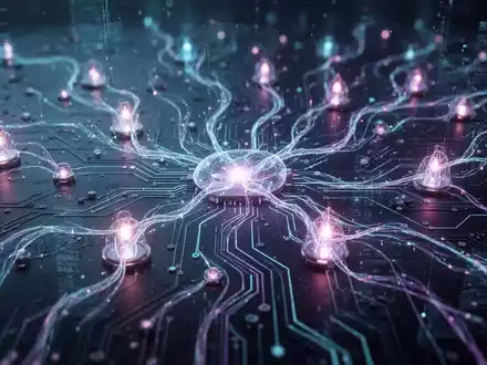 Abstraktes, futuristisches Bild eines leuchtenden neuronalen Netzes mit verbundenen Knoten und Datenströmen, das KI-Agentensysteme symbolisiert. - Foto: über boerse-global.de