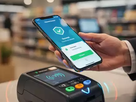 Nahaufnahme eines Smartphones mit einer Zahlungsbestätigung über einem kontaktlosen Terminal, das sichere mobile Transaktionen darstellt. - Foto: über boerse-global.de