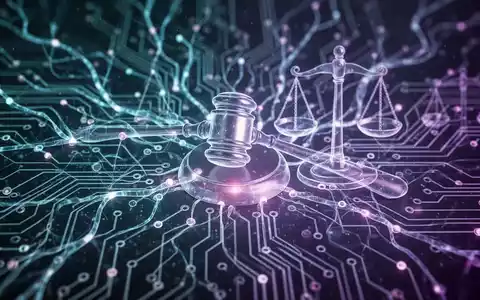 Abstrakte Darstellung eines leuchtenden neuronalen Netzes oder einer Platine, überlagert mit stilisierten Rechtssymbolen wie einem Hammer oder Waage. - Foto: über boerse-global.de