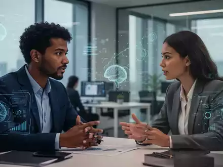 Zwei Geschäftsleute in einem modernen Büro führen ein konstruktives Feedbackgespräch, im Hintergrund angedeutete KI-Elemente. - Foto: über boerse-global.de