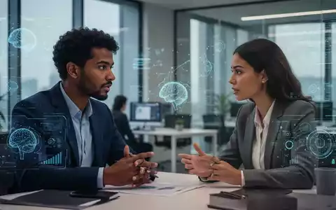 Zwei Geschäftsleute in einem modernen Büro führen ein konstruktives Feedbackgespräch, im Hintergrund angedeutete KI-Elemente. - Foto: über boerse-global.de