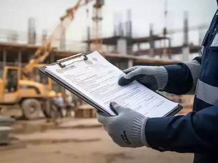 Nahaufnahme der Hand eines Zollbeamten mit Dokumenten auf einer Baustelle, die Kontrollen im Handwerk symbolisiert. - Foto: über boerse-global.de