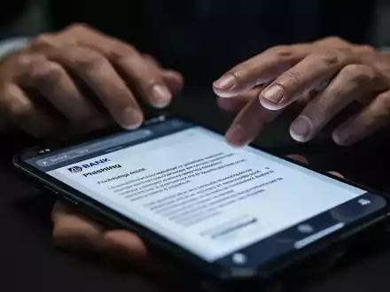 Nahaufnahme eines Smartphone-Bildschirms, der eine betrügerische E-Mail anzeigt, mit unscharfen Händen im Hintergrund. - Foto: über boerse-global.de