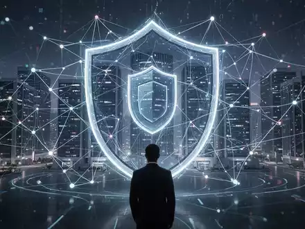 Abstrakte Darstellung von Datenschutz: leuchtende digitale Netze bilden einen Schutzschild um Server, symbolisiert externe Expertise und Compliance. - Foto: über boerse-global.de