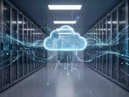 Schlanker Serverraum mit leuchtend blauen Datenströmen, die Cloud-Computing und Datensynchronisation für Windows 11-Updates symbolisieren. - Foto: über boerse-global.de
