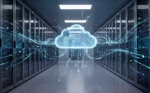 Schlanker Serverraum mit leuchtend blauen Datenströmen, die Cloud-Computing und Datensynchronisation für Windows 11-Updates symbolisieren. - Foto: über boerse-global.de