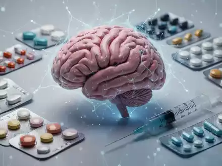 Ein stilisiertes Gehirn mit neuronalen Netzwerken, umgeben von Blisterpackungen mit Pillen und einer Spritze. Vermittelt medizinische Forschung. - Foto: über boerse-global.de