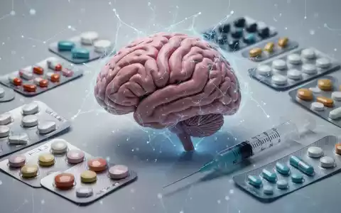Ein stilisiertes Gehirn mit neuronalen Netzwerken, umgeben von Blisterpackungen mit Pillen und einer Spritze. Vermittelt medizinische Forschung. - Foto: über boerse-global.de
