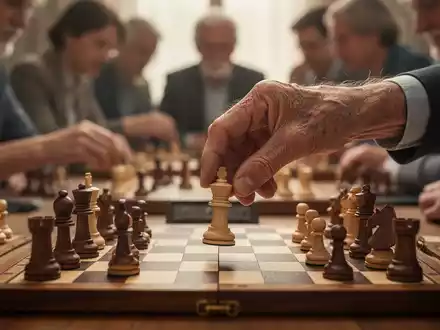 Eine ältere Hand bewegt eine Schachfigur auf einem Brett, im Hintergrund spielen Menschen Karten. Fokus auf geistige Aktivität. - Foto: über boerse-global.de