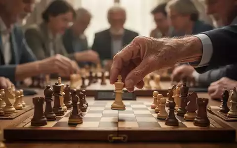 Eine ältere Hand bewegt eine Schachfigur auf einem Brett, im Hintergrund spielen Menschen Karten. Fokus auf geistige Aktivität. - Foto: über boerse-global.de
