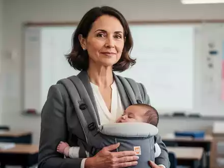 Eine Lehrerin mit einem Baby in einem Tragebeutel in einem modernen Klassenzimmer, das die Vereinbarkeit von Beruf und Familie darstellt. - Foto: über boerse-global.de
