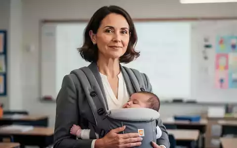 Eine Lehrerin mit einem Baby in einem Tragebeutel in einem modernen Klassenzimmer, das die Vereinbarkeit von Beruf und Familie darstellt. - Foto: über boerse-global.de