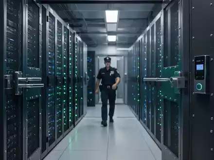 Ein hochmodernes Rechenzentrum mit leuchtenden Servern und einem Wachmann, der die Sicherheit der kritischen Infrastruktur gewährleistet. - Foto: über boerse-global.de