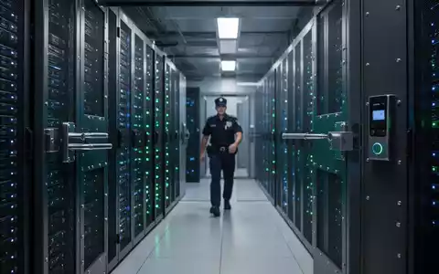 Ein hochmodernes Rechenzentrum mit leuchtenden Servern und einem Wachmann, der die Sicherheit der kritischen Infrastruktur gewährleistet. - Foto: über boerse-global.de