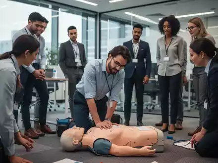 Mitarbeiter in einem modernen Büro nehmen an einem Erste-Hilfe-Kurs teil, wobei eine Person Herz-Lungen-Wiederbelebung an einer Puppe demonstriert. - Foto: über boerse-global.de