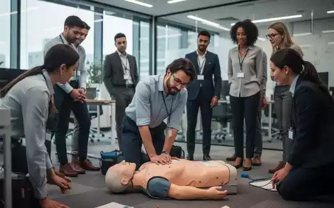 Mitarbeiter in einem modernen Büro nehmen an einem Erste-Hilfe-Kurs teil, wobei eine Person Herz-Lungen-Wiederbelebung an einer Puppe demonstriert. - Foto: über boerse-global.de