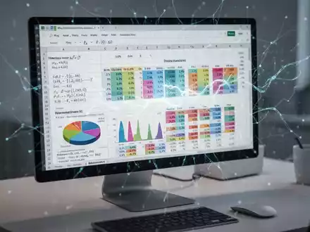 Nahaufnahme eines Computerbildschirms mit komplexer Excel-Tabelle, Datenvisualisierungen und Formeln, überlagert mit subtilem KI-Netzwerkmuster. - Foto: über boerse-global.de