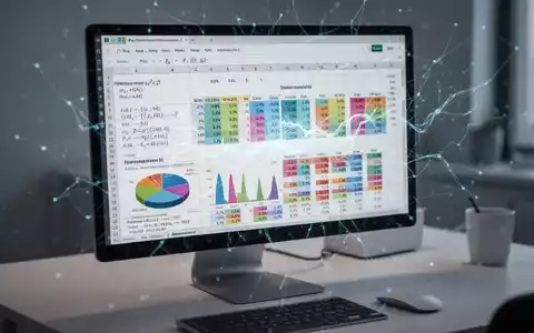 Nahaufnahme eines Computerbildschirms mit komplexer Excel-Tabelle, Datenvisualisierungen und Formeln, überlagert mit subtilem KI-Netzwerkmuster. - Foto: über boerse-global.de