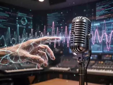 Hand mit leuchtendem neuronalen Netzwerk-Overlay greift nach Vintage-Mikrofon, umgeben von digitalen Schallwellen und Datenströmen. - Foto: über boerse-global.de