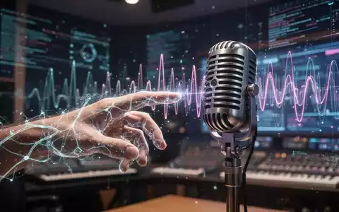 Hand mit leuchtendem neuronalen Netzwerk-Overlay greift nach Vintage-Mikrofon, umgeben von digitalen Schallwellen und Datenströmen. - Foto: über boerse-global.de