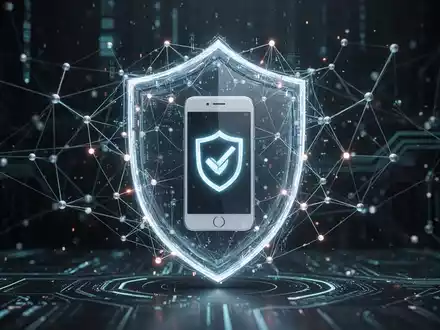 Abstrakte Darstellung von Datensicherheit, mit leuchtenden Linien und Knoten, die ein Smartphone-Symbol umgeben und digitale Transparenz symbolisieren. - Foto: über boerse-global.de