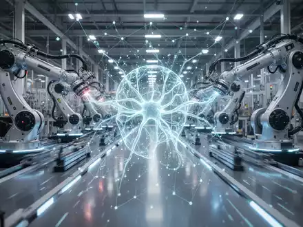 Ein futuristisches, leuchtendes neuronales Netz über einer modernen Fabrikhalle mit automatisierten Maschinen, das KI in Industrieprozessen symbolisiert. - Foto: über boerse-global.de