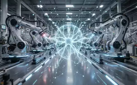 Ein futuristisches, leuchtendes neuronales Netz über einer modernen Fabrikhalle mit automatisierten Maschinen, das KI in Industrieprozessen symbolisiert. - Foto: über boerse-global.de