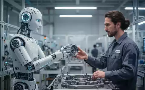 Ein humanoider Roboter und ein menschlicher Arbeiter arbeiten in einer modernen Fabrik zusammen und tauschen Komponenten aus. - Foto: über boerse-global.de