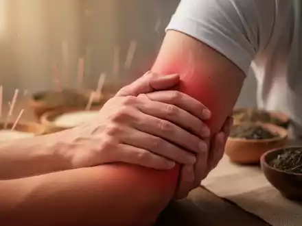 Eine Hand berührt sanft einen Arm, der chronische Schmerzen und Fibromyalgie symbolisiert. Im Hintergrund Elemente der Traditionellen Chinesischen Medizin. - Foto: über boerse-global.de