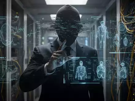 Eine schattenhafte Figur bedient ein holografisches Interface mit Finanzdaten, das vertrauensbasierte Cyberangriffe auf Finanzfirmen darstellt. - Foto: über boerse-global.de