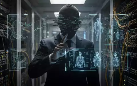 Eine schattenhafte Figur bedient ein holografisches Interface mit Finanzdaten, das vertrauensbasierte Cyberangriffe auf Finanzfirmen darstellt. - Foto: über boerse-global.de