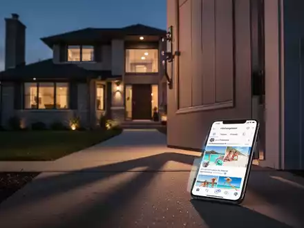 Ein modernes Vorstadthaus bei Dämmerung, einige Lichter sind an. Ein Smartphone mit Urlaubsfotos liegt vor der Tür. - Foto: über boerse-global.de