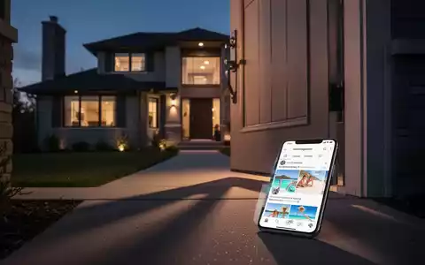 Ein modernes Vorstadthaus bei Dämmerung, einige Lichter sind an. Ein Smartphone mit Urlaubsfotos liegt vor der Tür. - Foto: über boerse-global.de