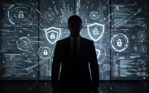 Eine Person im Anzug steht vor einer digitalen Wand mit Datenströmen und Cybersicherheitssymbolen, die hohe Einsätze andeuten. - Foto: über boerse-global.de