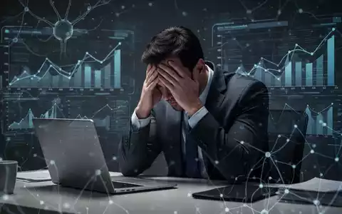 Eine gestresste Person mit dem Kopf in den Händen sitzt an einem Schreibtisch vor einem Laptop mit digitalen Grafiken. - Foto: über boerse-global.de