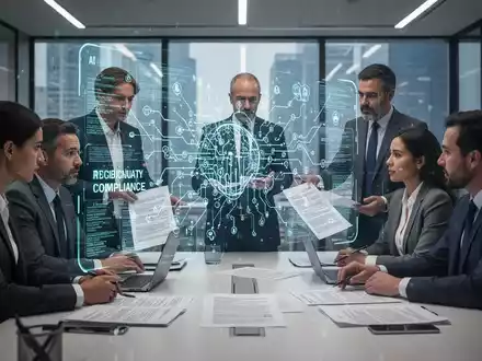 Professionelle in einem modernen Büro, die um eine holographische Projektion von KI-Algorithmen und juristischen Dokumenten zusammenarbeiten. - Foto: über boerse-global.de