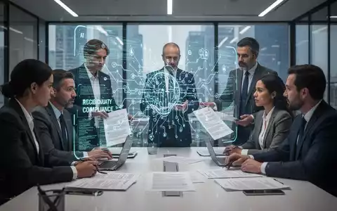Professionelle in einem modernen Büro, die um eine holographische Projektion von KI-Algorithmen und juristischen Dokumenten zusammenarbeiten. - Foto: über boerse-global.de