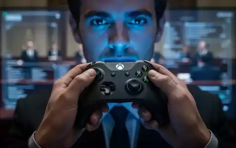 Nahaufnahme von Händen, die einen Xbox-Controller halten, mit blauem Bildschirmglanz im Gesicht des Nutzers, der auf einen Rechtsstreit um digitale Rechte hindeutet. - Foto: über boerse-global.de