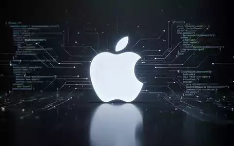 Leuchtend weißes Apple-Logo auf dunkler, reflektierender Oberfläche, umgeben von abstrakten digitalen Linien für Daten und Software. - Foto: über boerse-global.de