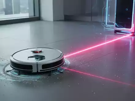 Ein Saugroboter reinigt einen Boden, während ein Laserstrahl eine Oberfläche trifft, der fortschrittliche Reinigungstechnologien darstellt. - Foto: über boerse-global.de