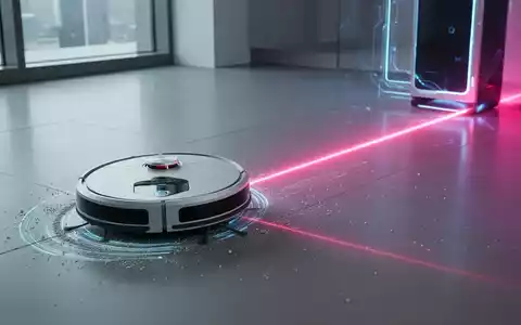 Ein Saugroboter reinigt einen Boden, während ein Laserstrahl eine Oberfläche trifft, der fortschrittliche Reinigungstechnologien darstellt. - Foto: über boerse-global.de